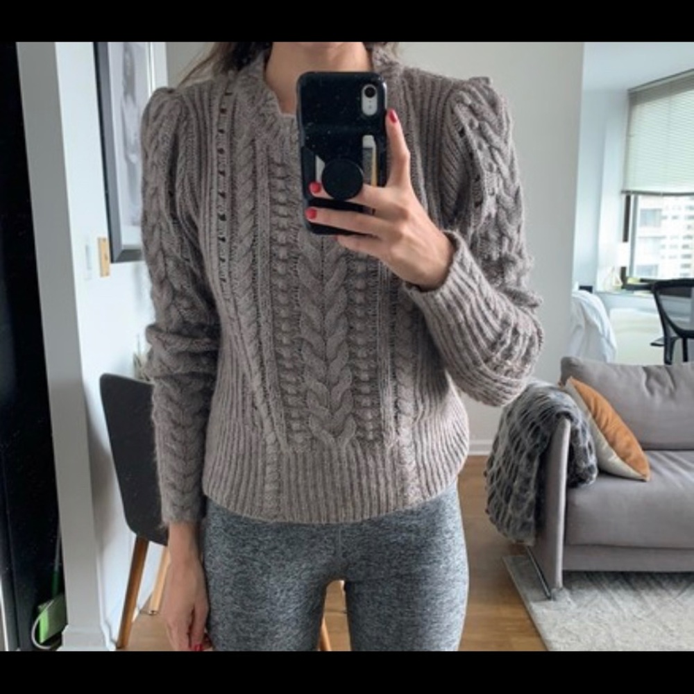 Cable Knit Puff Sleeve Merino Wool Sweater Taupe